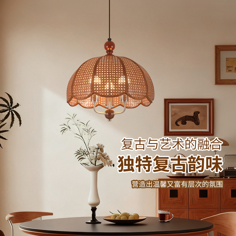 Restaurant Chandelier Wabi-Sabi Retro Style New Vintage Rattan Dining Room Bar Island Chandelier Zhongshan Lighting L138