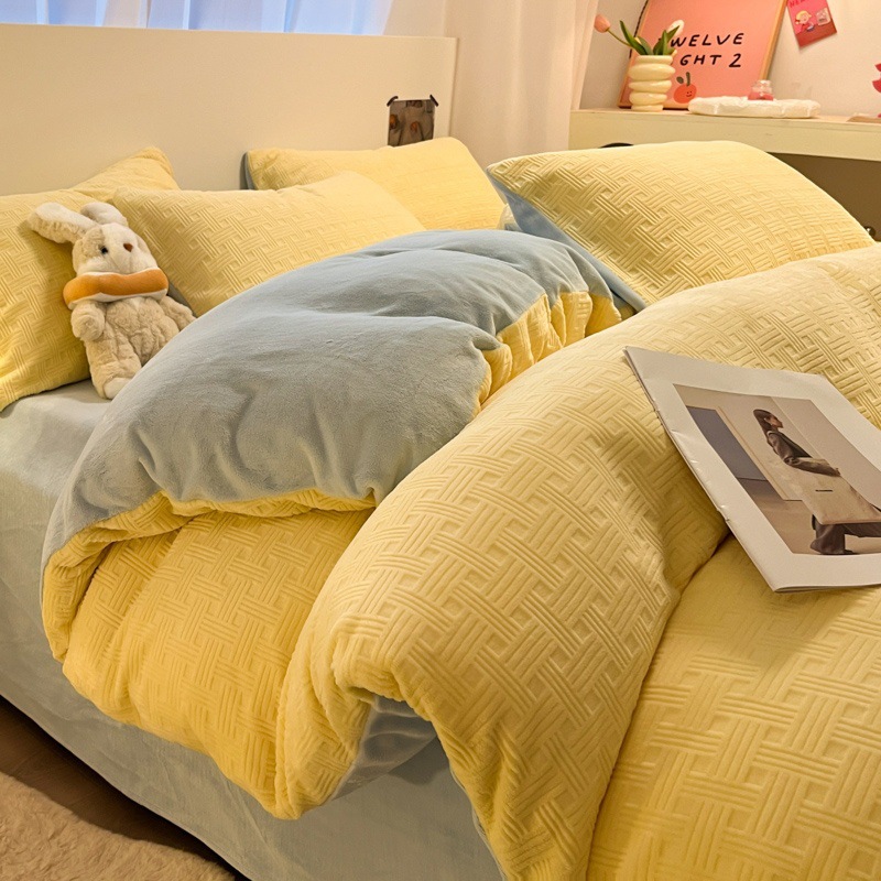 厚いワッフルミルクの毛の4つのセットの3dの立体の彫刻の冬の宝の宝の毛の3つのセットのシーツのベッドの笠の金