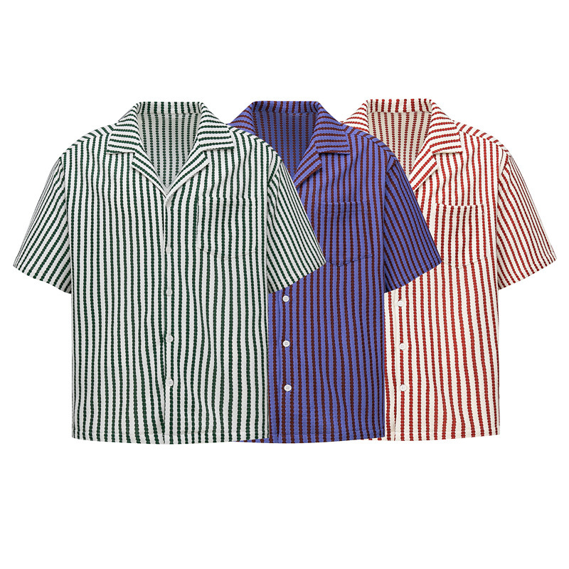 Foreign Trade Japanese Style Retro Striped Cuban Collar Shirt Casual Contrast Color Knitwear Summer Holiday Men's Short Sleeve Shirt