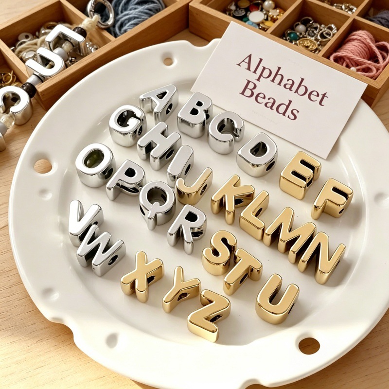Acrylic Electroplated Gold and Silver Large Hole Letter Beads with Through-Hole Design for Phone Chains, DIY Handmade Bag Pendants