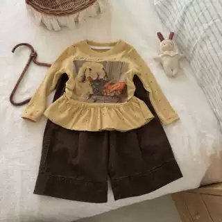 甜小司女童卡通兔子印花套装春秋长袖荷叶边上衣阔腿裤甜美两件套