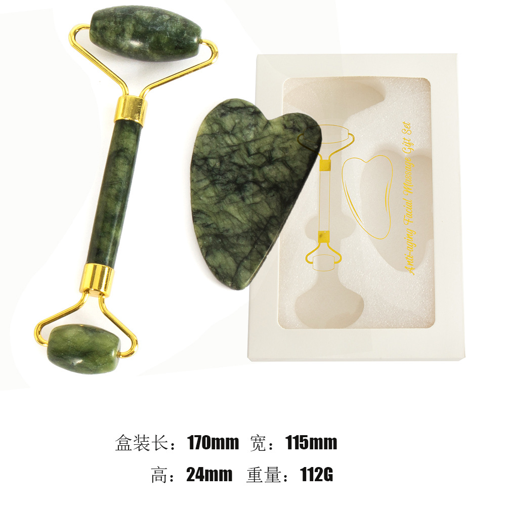 Juego de tres piezas de rodillo de jade natural y tabla de gua sha, dispositivo de belleza para masaje facial, lámina de gua sha facial, fabricante de rodillos de jade