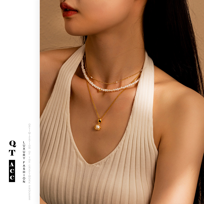 Retro oro de latón natural agua dulce collar de perlas de moda noble temperamento corto de perlas cadena de clavícula para mujeres image 3