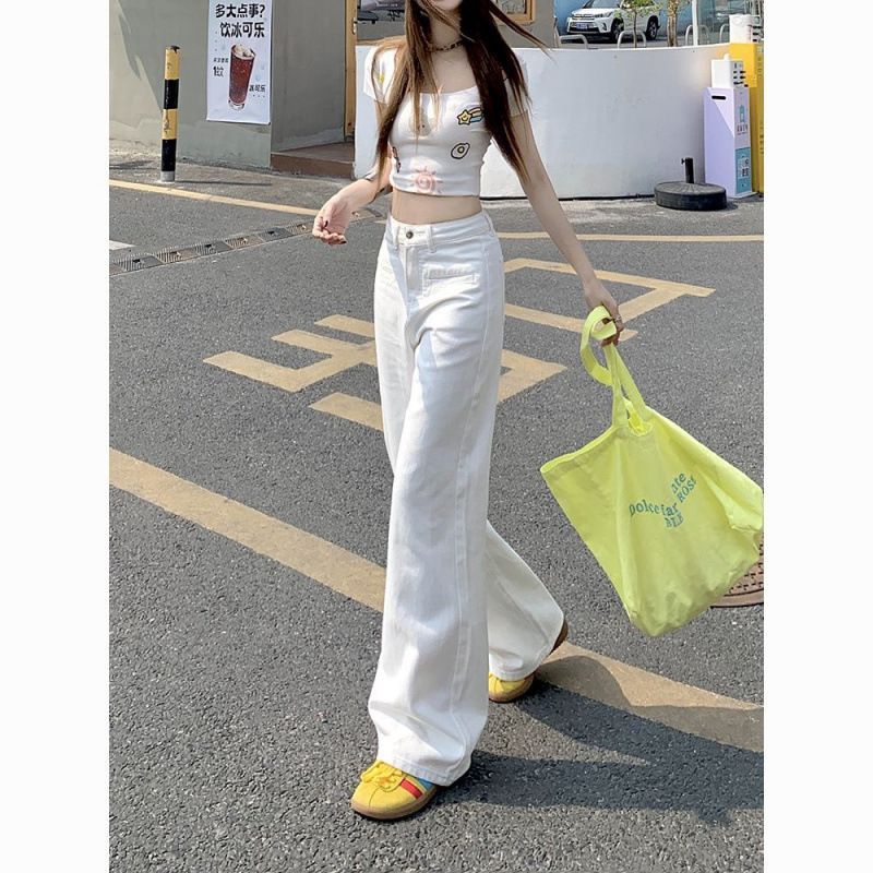 小个子时尚穿搭白色直筒牛仔裤女2025夏季新款高腰显瘦垂感拖地裤|undefined