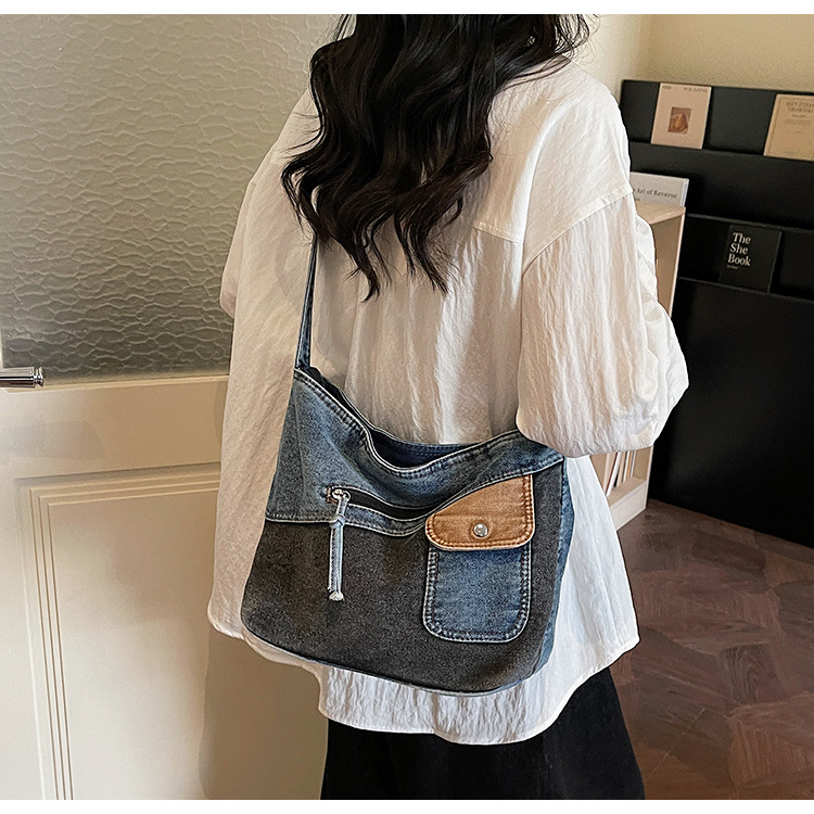 Colorblock Multi Pocket Washed Denim Tote Bag 26
