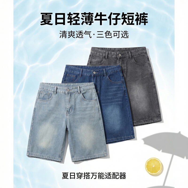 Summer new trendy men's clothing, American retro denim shorts, loose straight five-point pants, dopamine versatile ins style