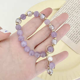 韩款创意紫晶石女式时尚弹力珍珠服饰配件紫水晶手串手饰单层手链