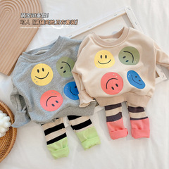 Baby Smiling Sweatshirt 0-3 Years Old Spring Clothes for Boys and Girls Soft Long-Sleeved Tops Baby Contrast Color Striped Pants MY019