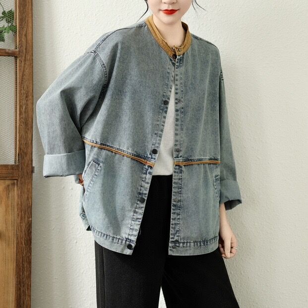 Denim Coat 2025 Spring New Retro Loose Casual Jacket Women's Design Colorblock Top 50018