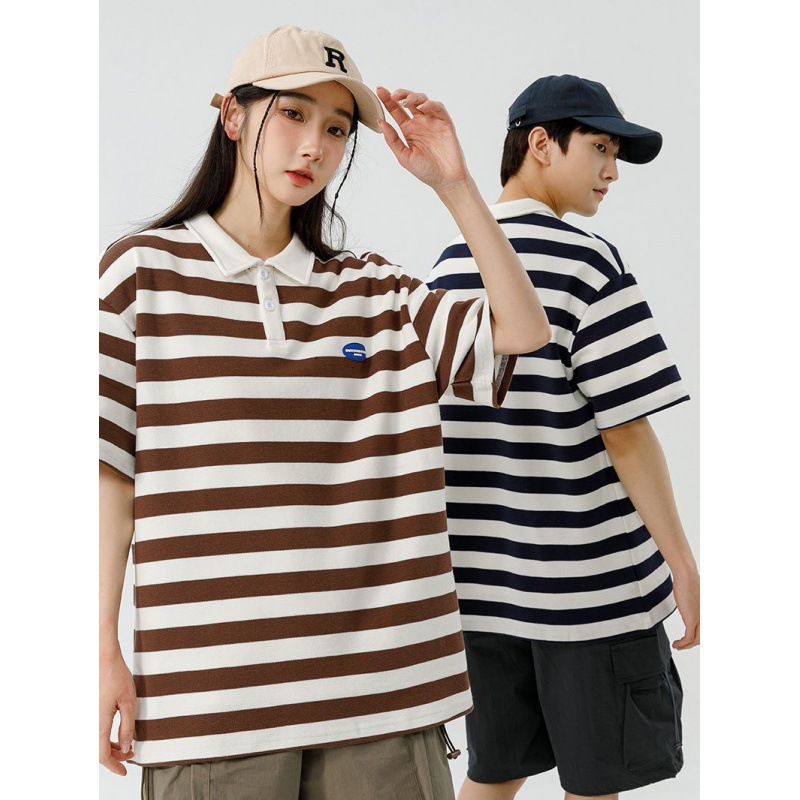 Polo camiseta de manga corta para hombres verano nuevo suelto camiseta de rayas pareja de moda de Hong Kong marca con solapa chaqueta media manga