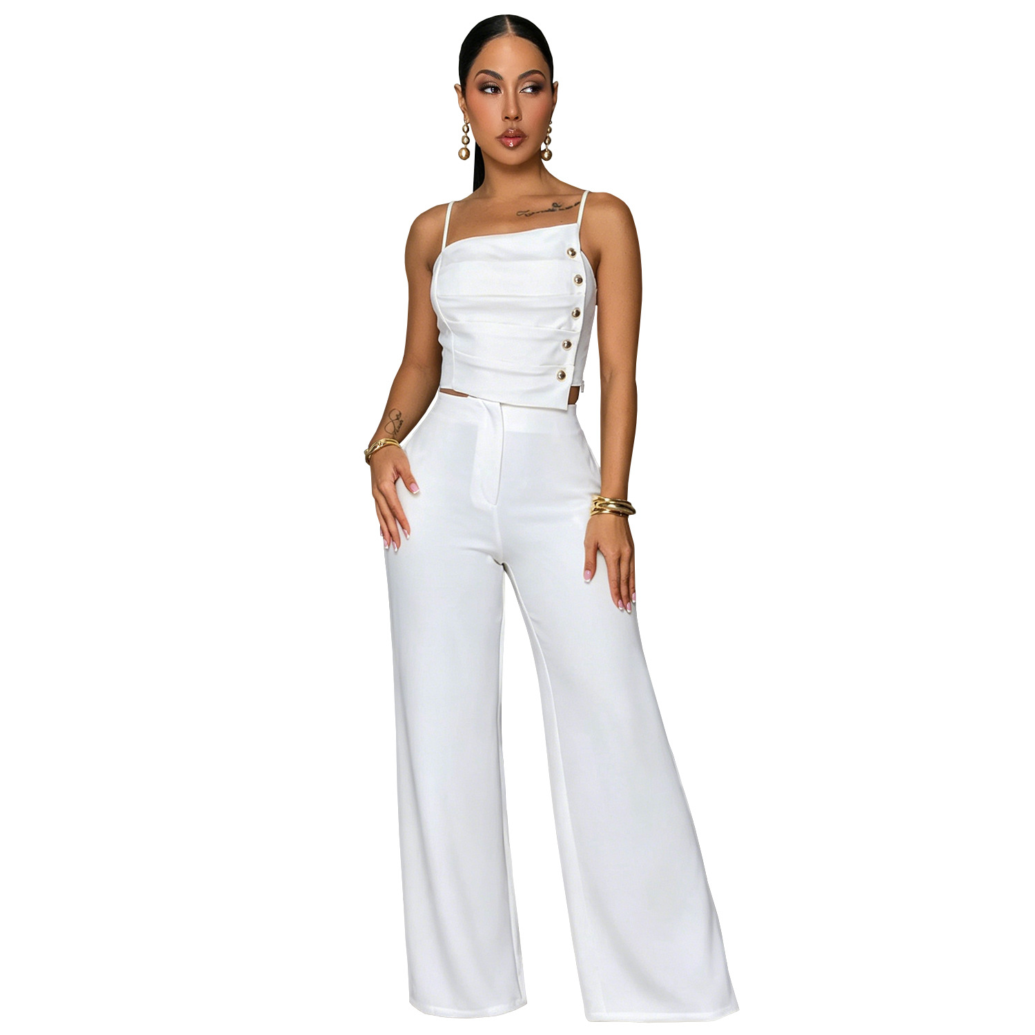 C7739 transfronterizo 2026 nueva ropa de mujer de color sólido pliegue hebilla de metal chaqueta de cinturón pantalones largos de piernas largas dos piezas set