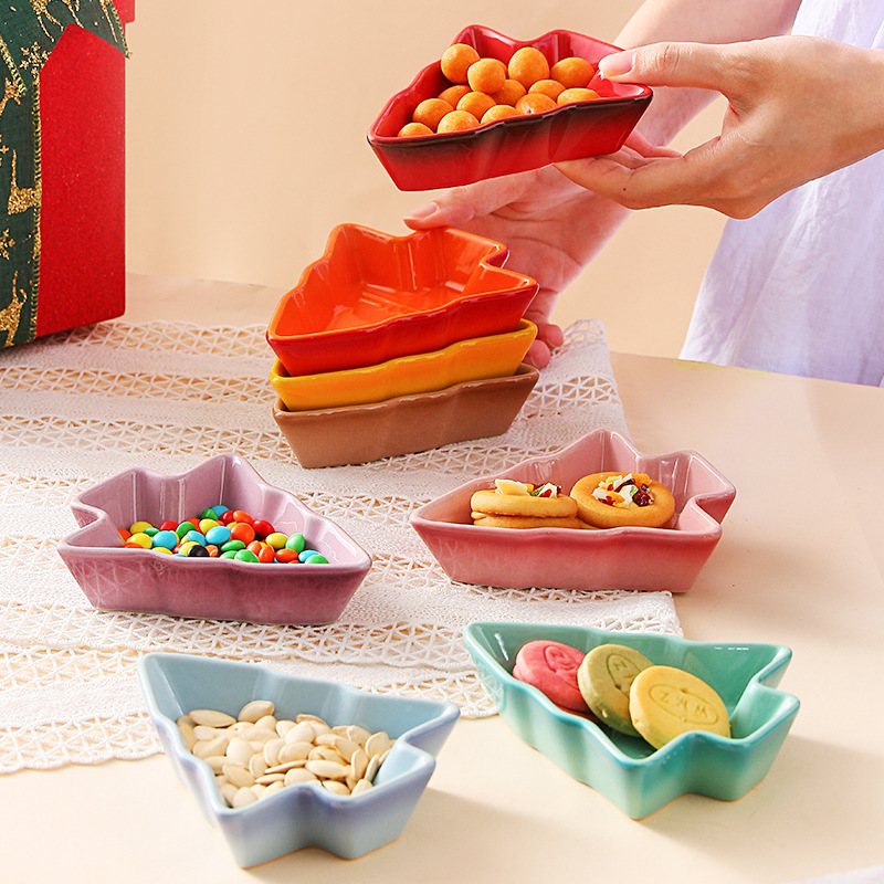 Colorful ceramic Christmas tree plate creative gradient restaurant Home snacks dried fruit plate sauce dessert plate wholesale