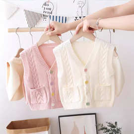 春秋季新款女小童可爱毛线V领麻花背心女童针织糖果纽扣马甲坎肩