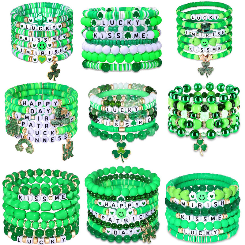 St Patrick's Day bracelet Irish Festival green Lucky Clover pendant soft pottery bracelet suit cross-border