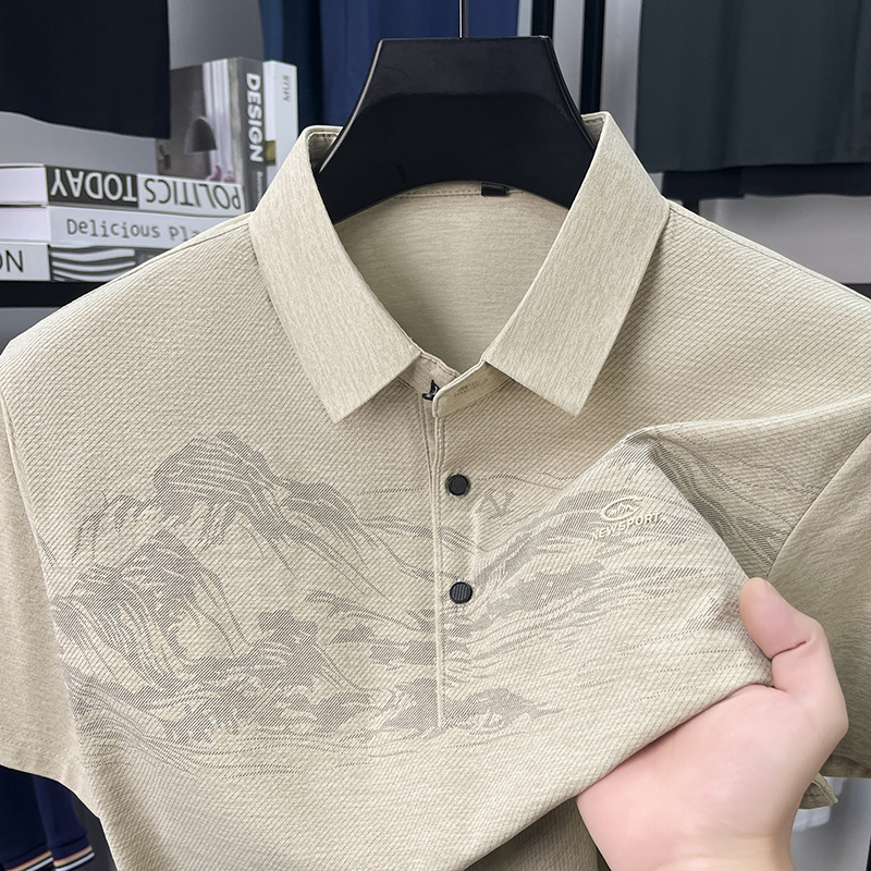 夏の新アイスシルクポロシャツ半袖メンズ tシャツ国民風トレンドファッションラペル薄型ルーズメンズ tシャツ|undefined