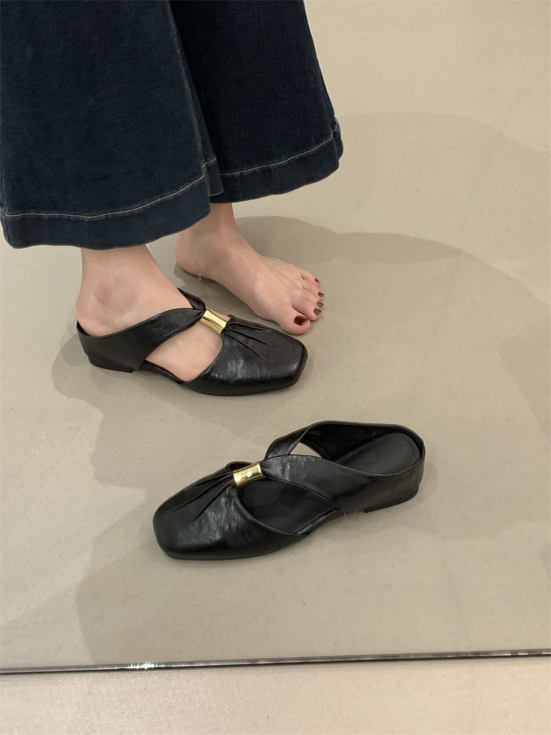 Women's Pleated Sheepskin Slippers With Hidden Wedge For Summer_voghion.com
