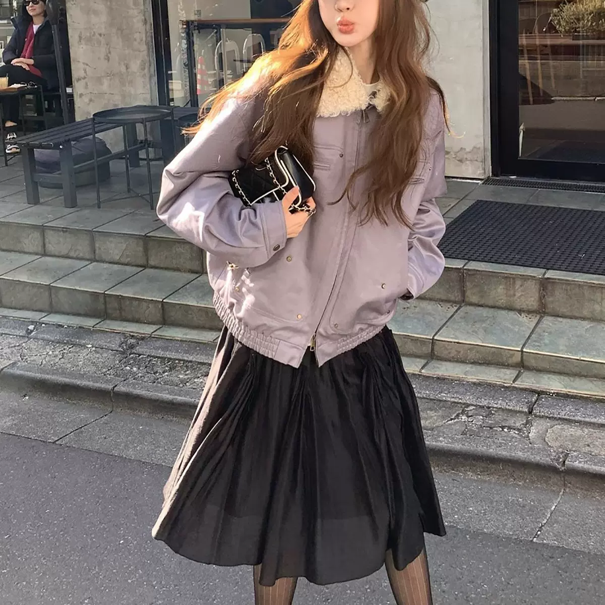 橡子街 巴恩风拼接毛领棉服两色天丝棉宽松工装外套秋冬