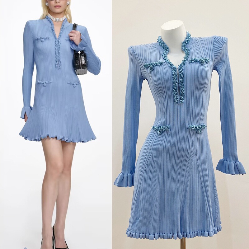 Sp 2026 Early Spring New Heavy Beaded Hidden Button Long-Sleeve Ruffled Ribbed Knit Midi Dress for Women Sp 2026 Early Spring New Heavy Beaded Hidden Button Long-Sleeve Ruffled Ribbed Knit Midi Dress for Women