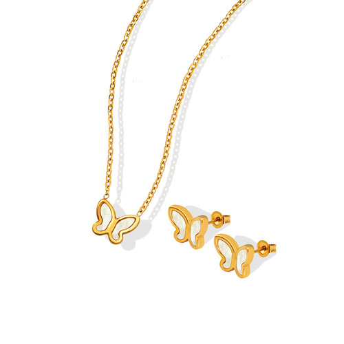 Japanese and Korean Style Trendy Fresh and Sweet Personalized Versatile Niche Design Butterfly White Sea Shell Necklace Earrings Jewelry Set