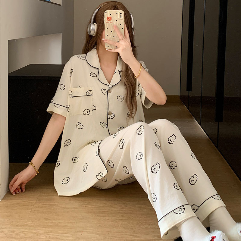120G nubes algodón pijama casa ropa de mangas cortas pantalones largos set TK entidad transfronteriza pijama mayorista pareja verano