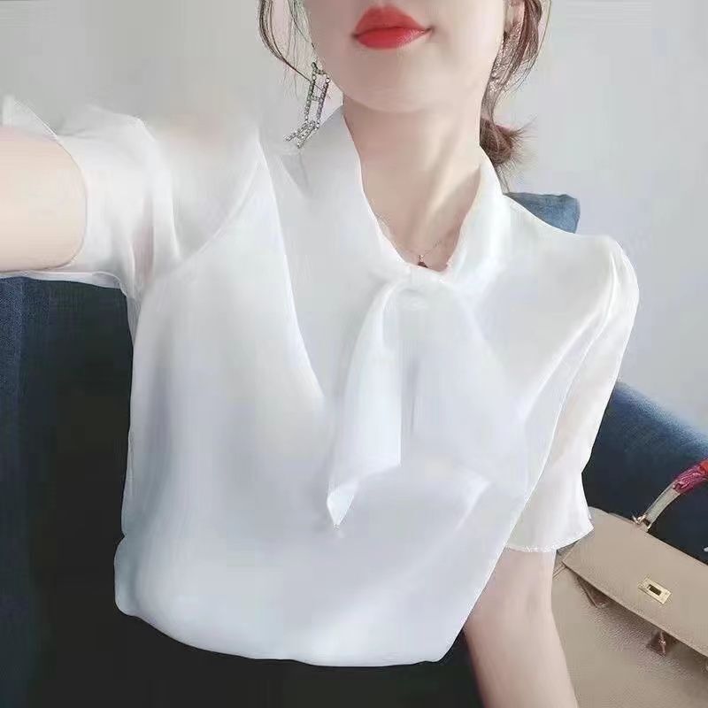 夏の新型女性tシャツ半袖韓国版痩せプリント減齢百合洋気隠しマフラー襟ママシャツ|undefined