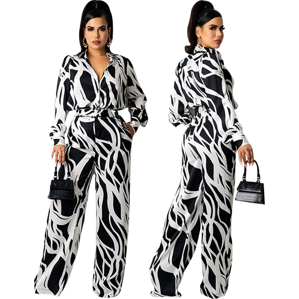 Printing Lapel V-Neck Waist Long Sleeve Jumpsuit NSMRF116724