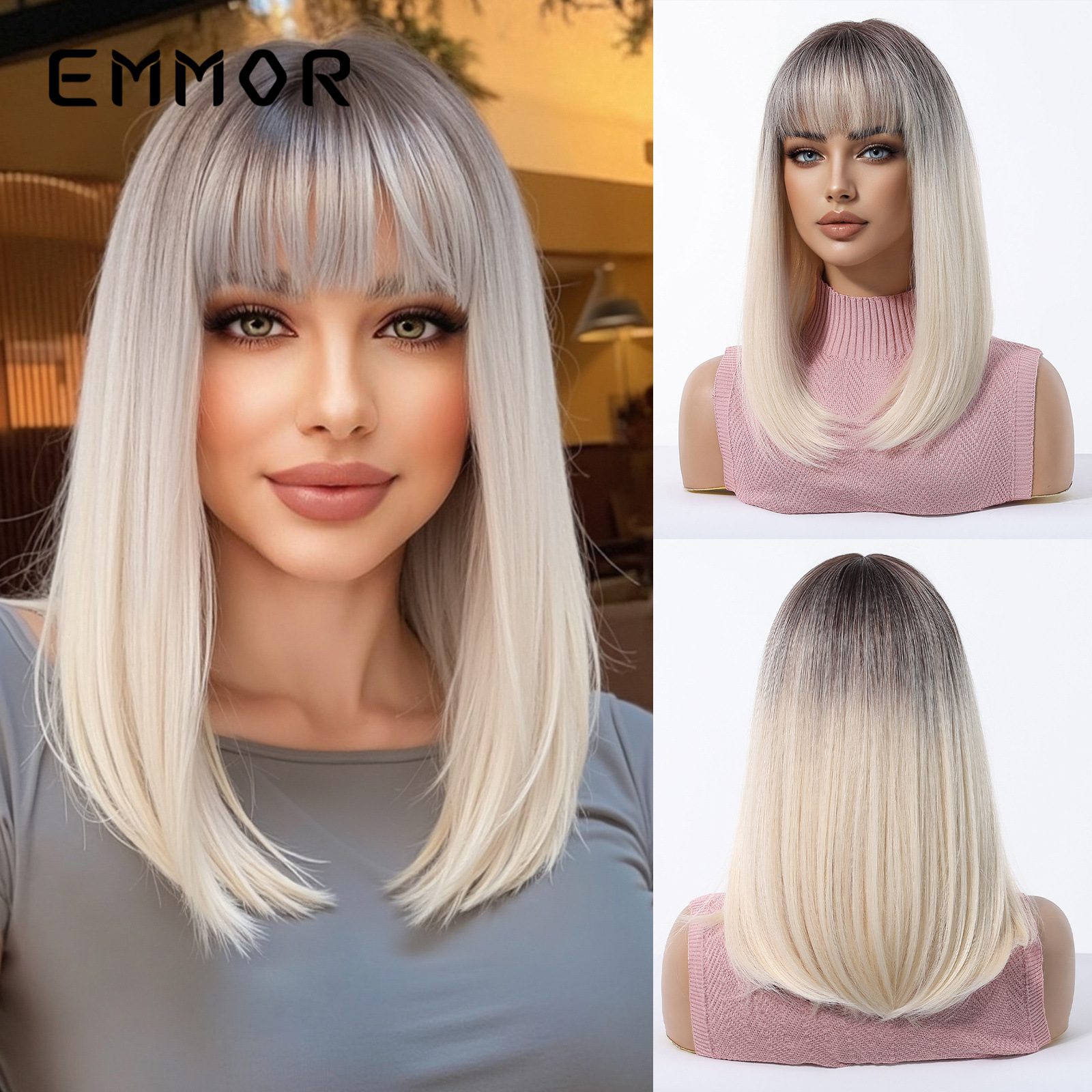 Estilo europeo y americano nuevo estilo champán marrón pelo corto y liso moda reducción de edad cabeza de bobo peluca natural sin costuras cubierta completa