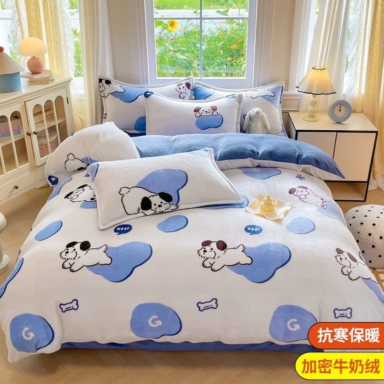Invierno leche de cama de lana de cuatro piezas con una brida de lana de coral gruesa sábanas cubiertas de dibujos animados para niños con tres piezas