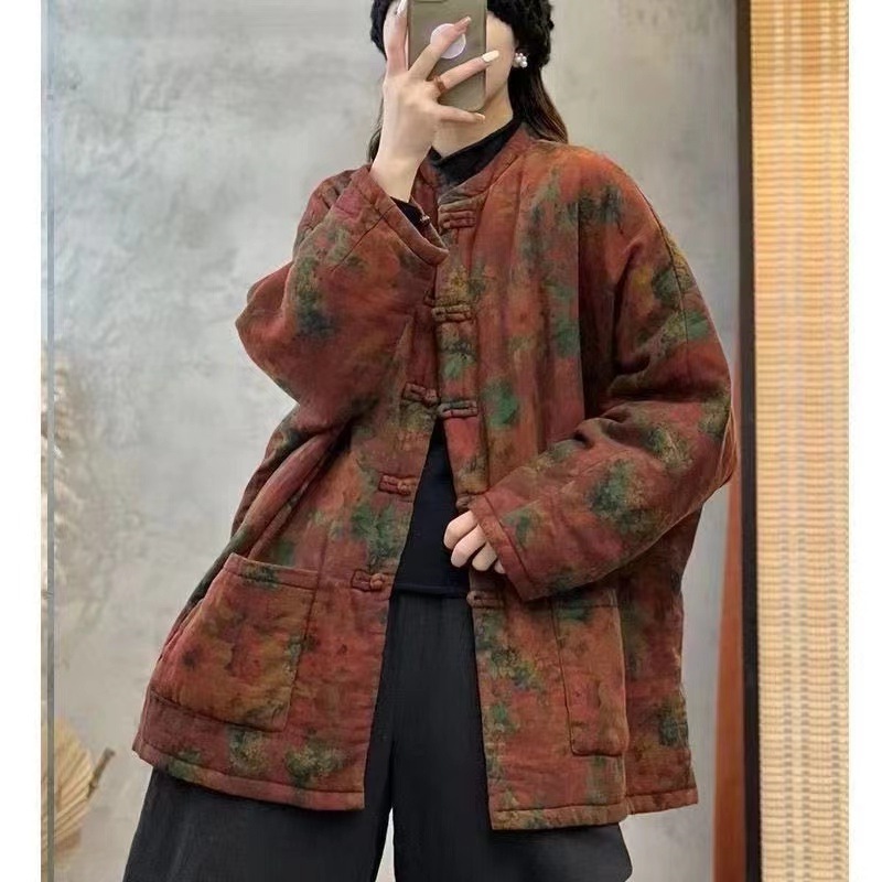 复古印花夹棉加厚棉袄外套女2025年冬季新款宽松休闲舒适保暖棉服|undefined