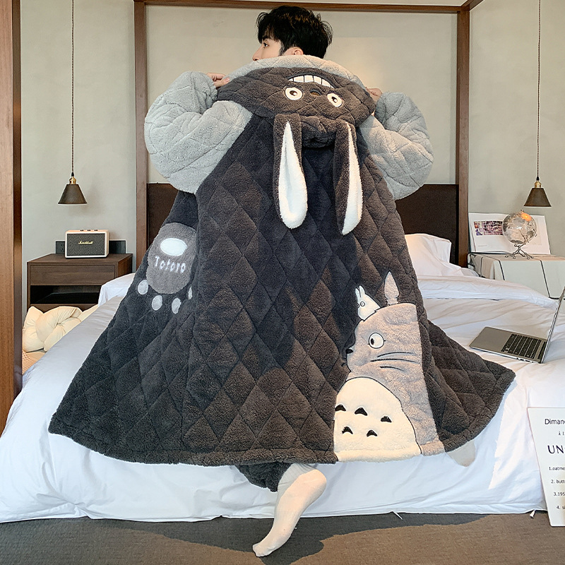 Three-Layer Quilted Jacket Men's Pajamas Coral Velvet Autumn and Winter Pajamas Fleece-Lined Thickeneded Large Size Warm Home Clothes Set