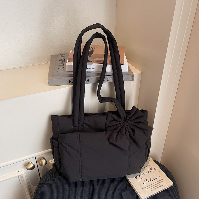 Cross-Border New Model In-Stock Tote Bag with Bowknot, Yoga Bag, Direct Sales from the Manufacturer, Space Bag, Cotton-Padded Shoulder Tote Bag