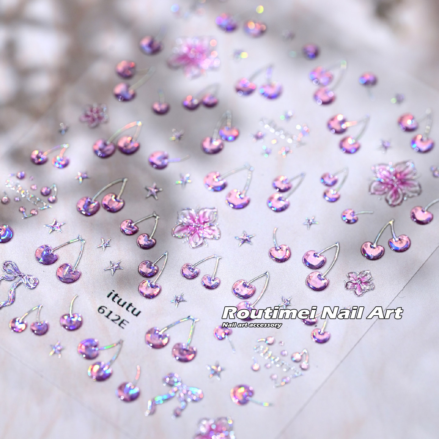 Summer Cherry Dream Fresh Little Flower New Laser Pink 3D Nail Art Stickers Fingertip Fruit DIY Decoration Stickers