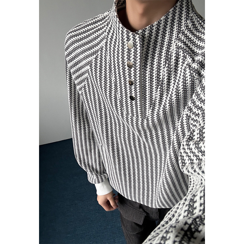Fishbone Stripe Color-blocked -style Sweatshirt For Men And Women, Autumn High-end Design, Buttoned Henley Collar_voghion.com