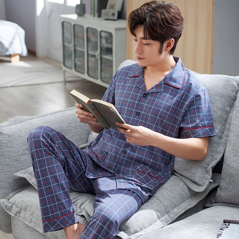 Pijamas de hombre ropa de verano 100% algodón pantalones de manga corta chaqueta juvenil traje de homewear delgado de mediana edad