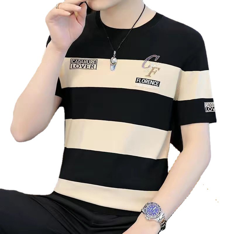 T-shirt estiva sottile corta da uomo con scollo rotondo, maglietta a righe slim fit versione coreana, mezza manica alla moda_voghion.com