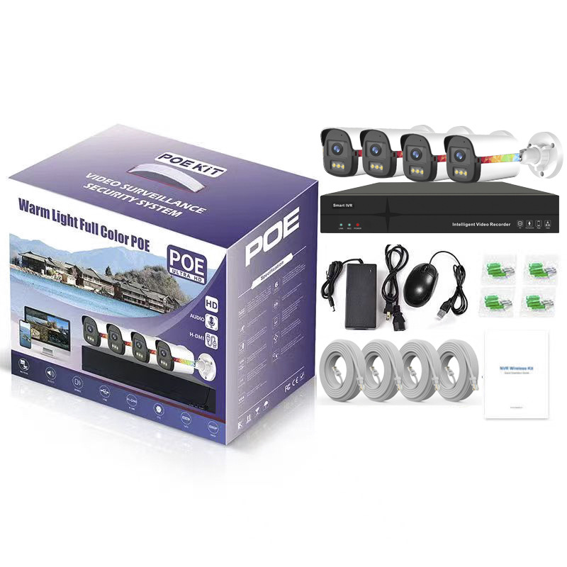 POE Ağ Beyaz Işık Tam Renkli Gece Görüş Gözetleme Kamera Seti HD Kamera CCTV İzleme Sistemi