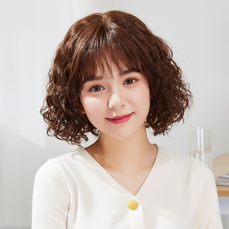 Full Head Cover Short Hair Bobo Full Human Hair Middle-aged and Elderly Curly Hair Wool Roll Mother's Full Real Natural Wig for Women