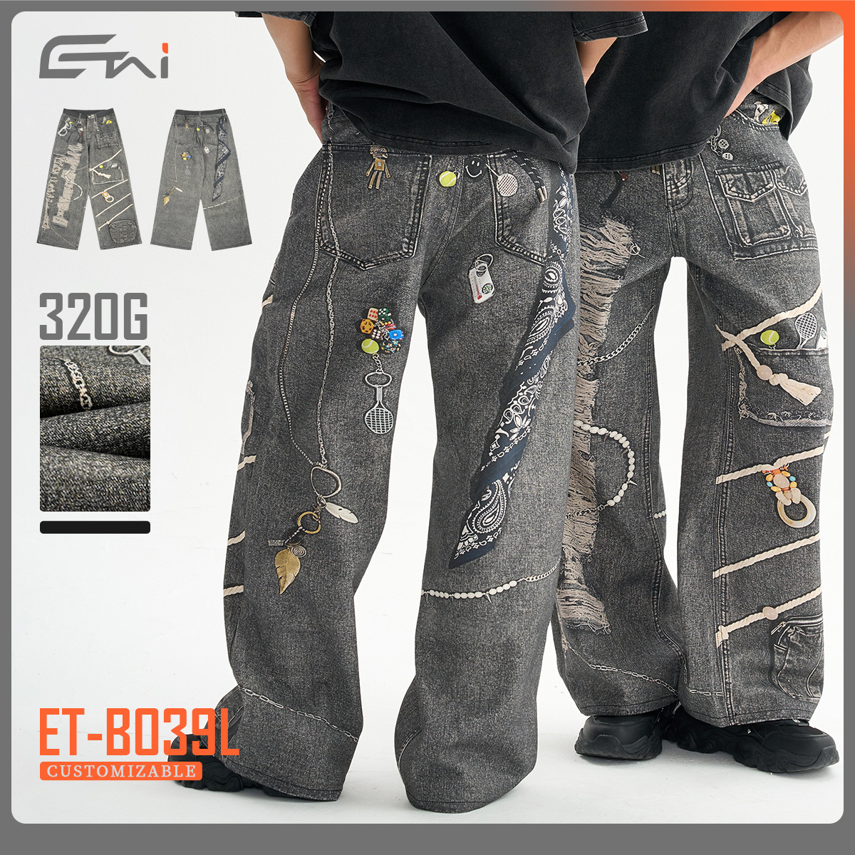 ETAI Hombre| 320g algodón pesado de moda impresa jeans hombre de alta calidad callejera impresa 3D pantalones recto