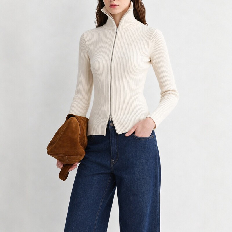 Women's stand-up collar zippered knit sweater, long-sleeved, slim-fit, high-necked, stylish and versatile, new autumn and winter model Women's stand-up collar zippered knit sweater, long-sleeved, slim-fit, high-necked, stylish and versatile, new autumn and winter model