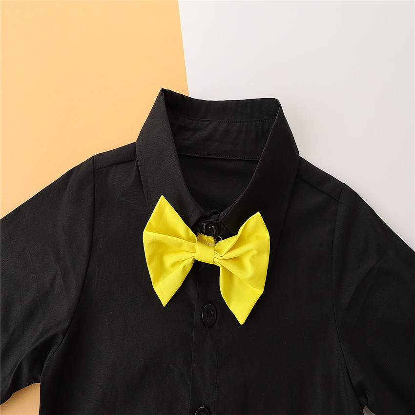 Terno infantil moderno, cor contrastante, camisa preta + macacão, calça vermelha, conjunto de 3 peças_voghion.com