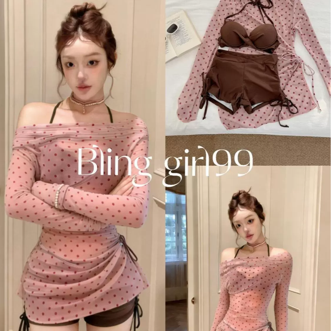 波点露肩分体比基尼女三件套性感显瘦度假风雪纺泡温泉游泳衣批发