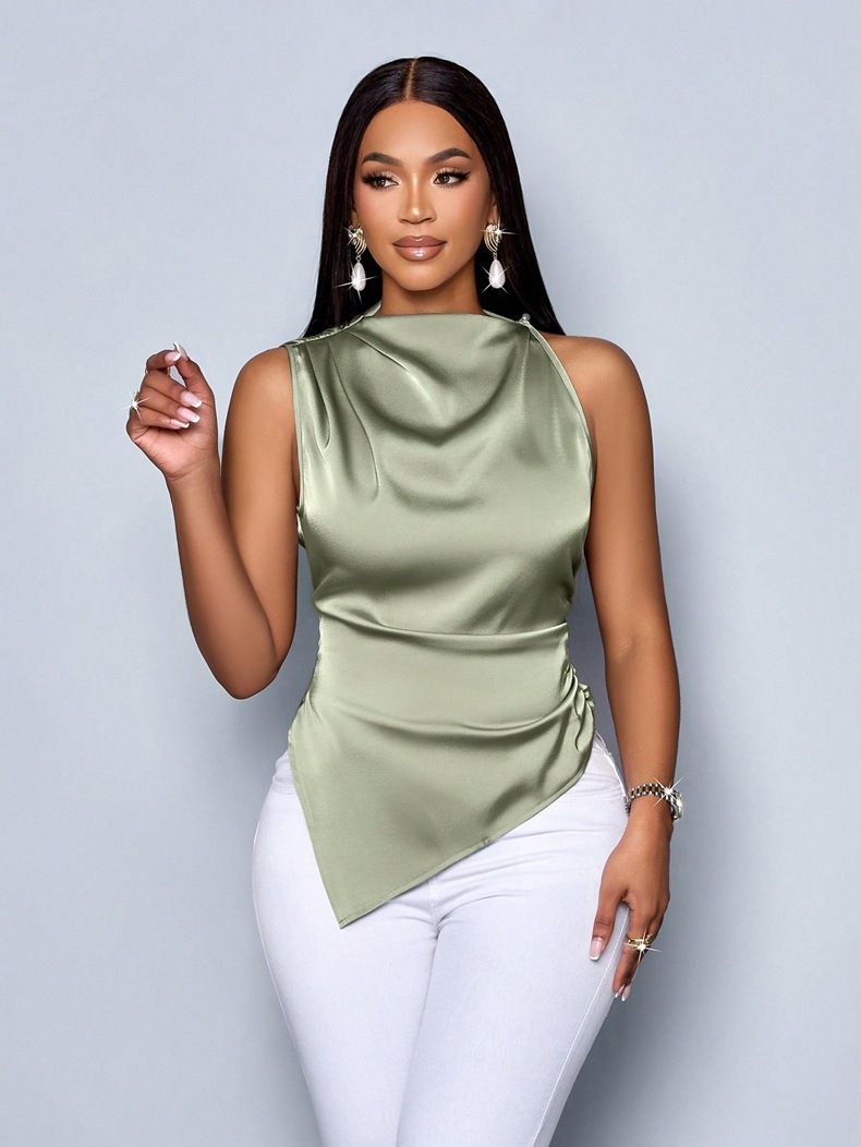 Camisa de satén de verano para mujer de comercio exterior europeo y americano, camisa de satén asimétrica para mujer, top de mujer, sentido de diseño, nicho