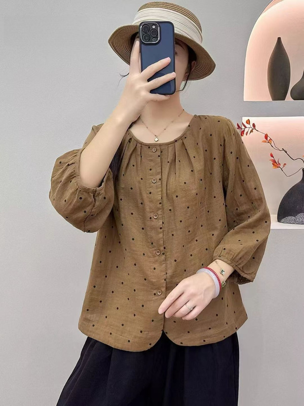 文艺小碎花印花圆领双层棉纱衬衫女秋季新款宽松大码休闲显瘦上衣|undefined