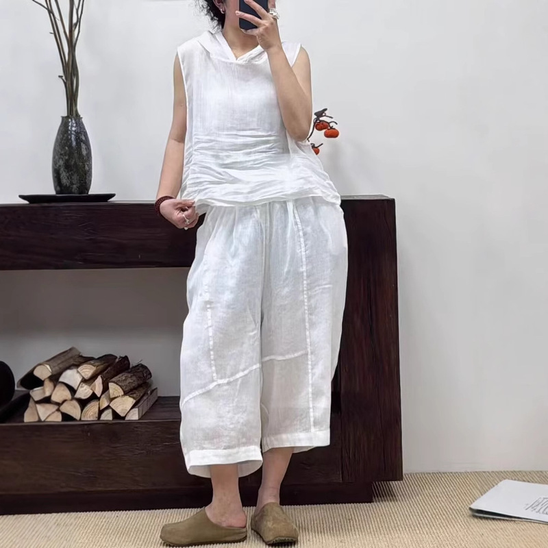 Loose Hong Kong Style Ramie Shirt with Layered Vest, Trendy New Artistic Hooded Vest for Women, Casual Retro