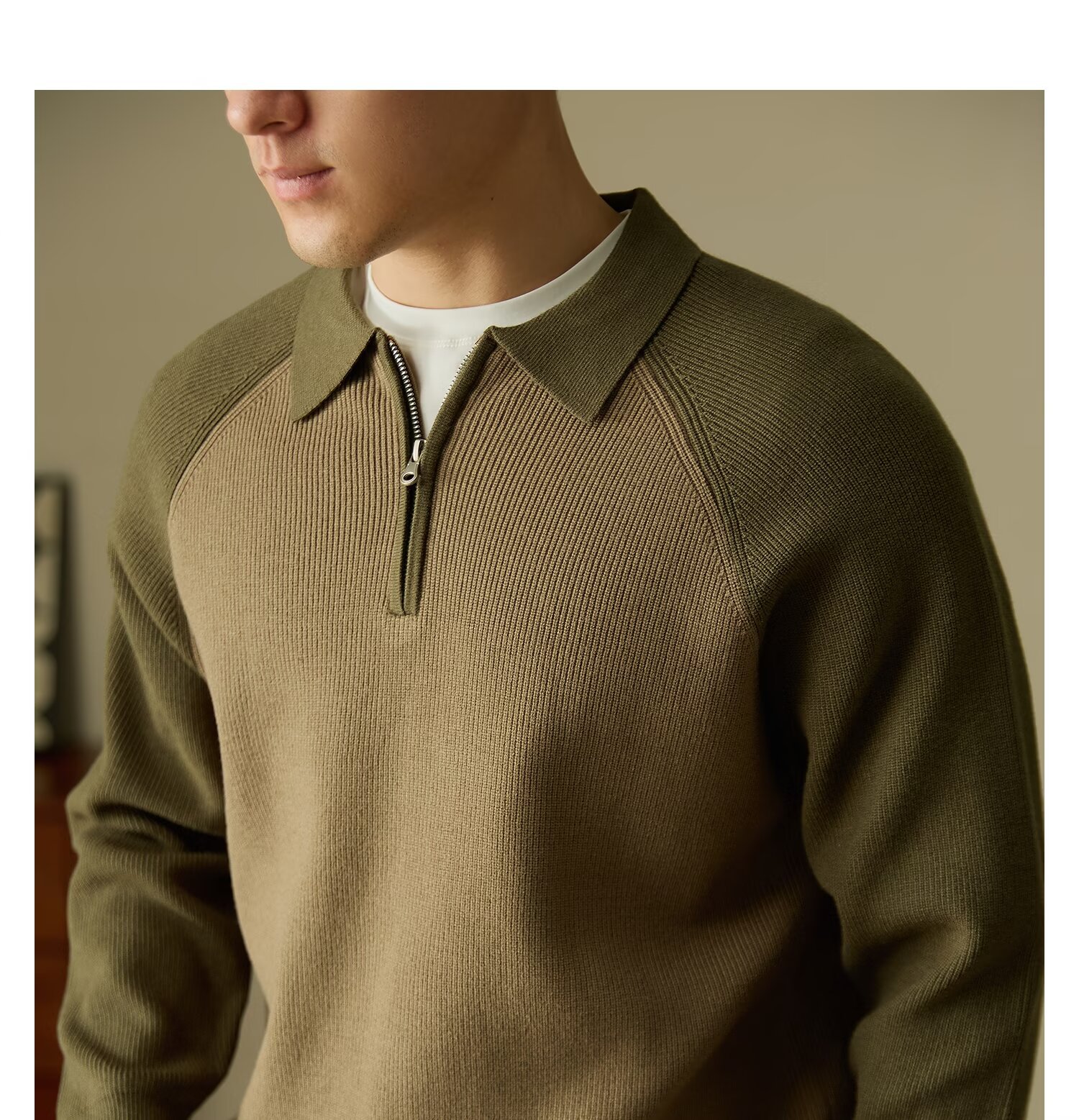 Maglione da uomo con collo a polo e mezza zip, vestibilità slim, maniche raglan, stile casual invernale, con bordi a contrasto_voghion.com