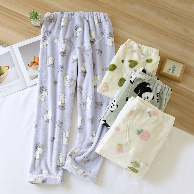 Cartoon Pregnant Women's Pajama Pants Autumn and Winter Thickened Adjustable Belly Flannel Home Pants Long Pants Coral Fleece Warm Pants