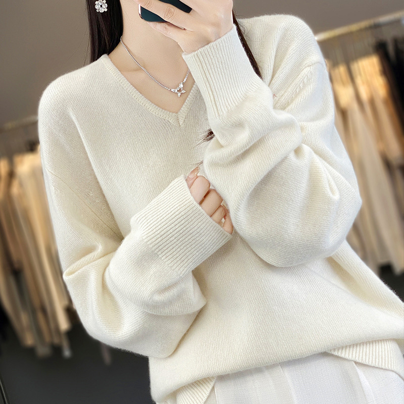 100纯羊毛衫女式V字领套头毛衣秋冬新款针织长袖内搭简约条纹提花|undefined