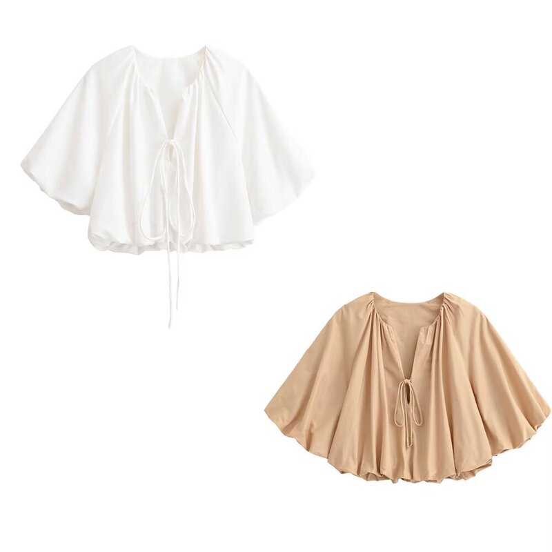 Amazon European and American Style Summer New V-Neck Tie Lantern Sleeve Short Shirt Poplin Balloon Style Top