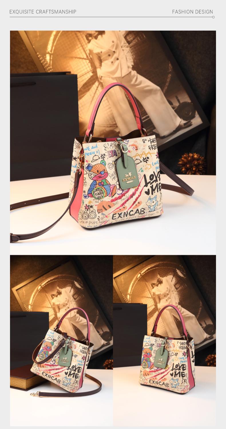 Túi bucket nữ da thật vẽ graffiti gấu đáng yêu, đeo chéo hoặc xách tay — màu trắng ngà, Gạo với mận chi tiết 10