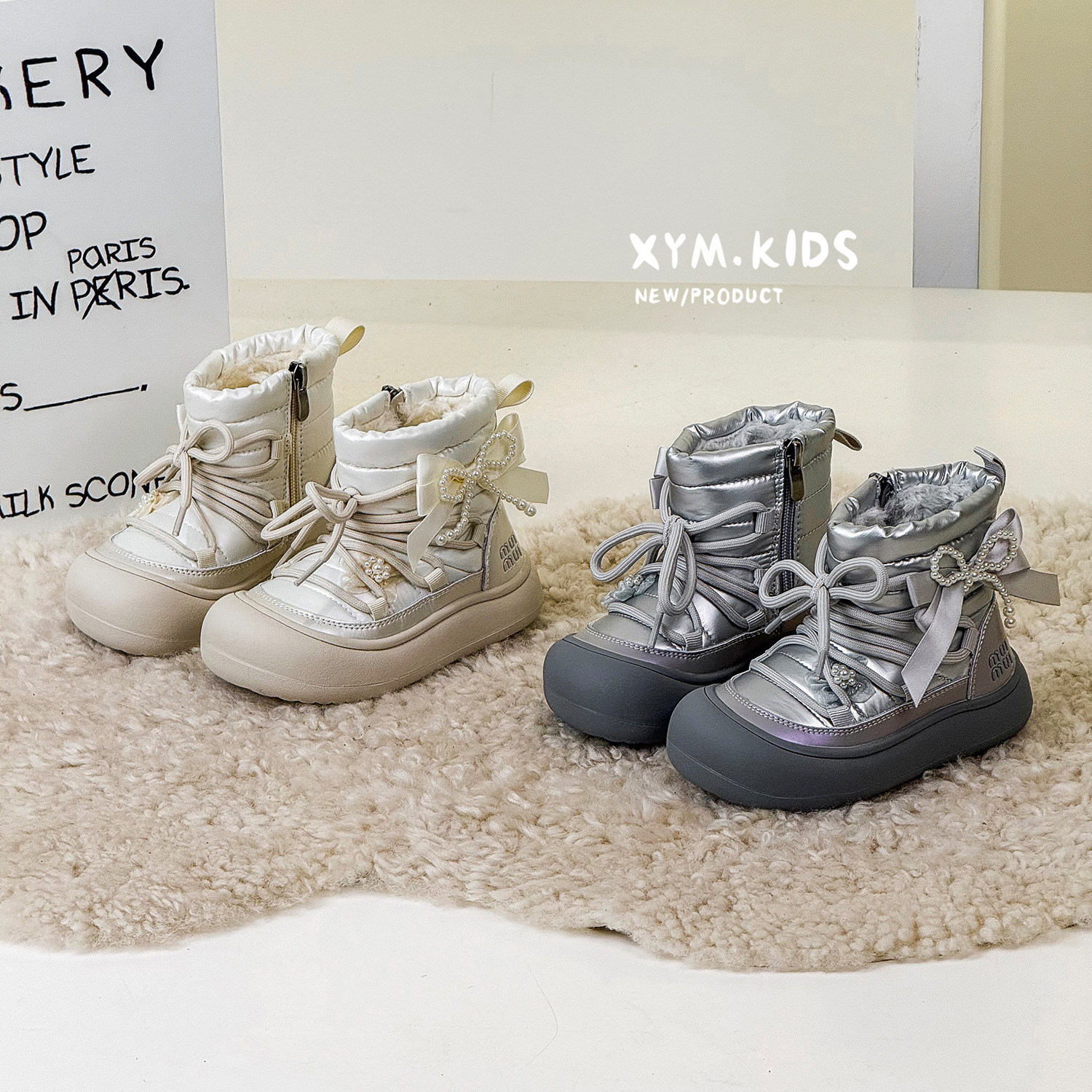 2025年冬季新款儿童韩版珍珠蝴蝶结加绒加厚防水雪地靴